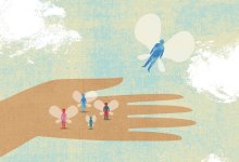 An illustration concept of one individual taking flight from a group