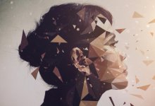 A side profile of a young woman. Part of her face is comprised of triangles that are breaking off of her face. 