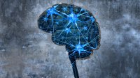 Illustration of a side view of a brain with bright blue neural pathways