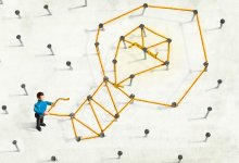 Illustration of plastic figure on a large pinboard creating a lightbulb shape out of yarn