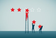 Illustration of three figures placing red stars up on the wall