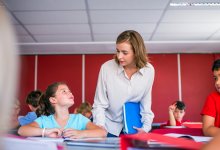 Photo of elementary school teacher with students in classroom
