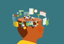 Illustration of student head with classroom design materials swirling around while teacher leads class