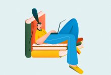 Illustration of person sitting on a chair of books and working on laptop