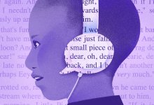 illustration of young child with speech bubble headphones on reading text
