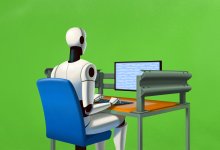 Illustration of robot working at a computer with guardrails